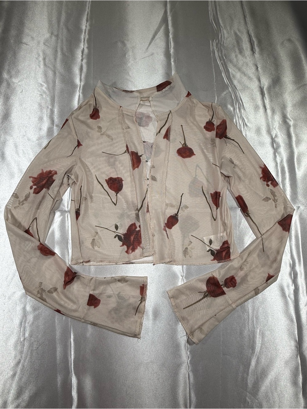 SHEIN Cream Sheer Mesh Cropped Blazer with Rust Floral